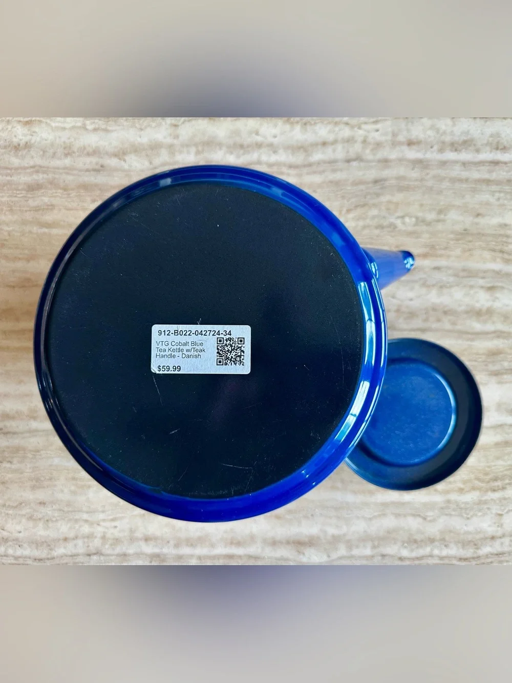 Cobalt Blue Tea Kettle with Teak handle and lid top. Danish Style Pre-owned